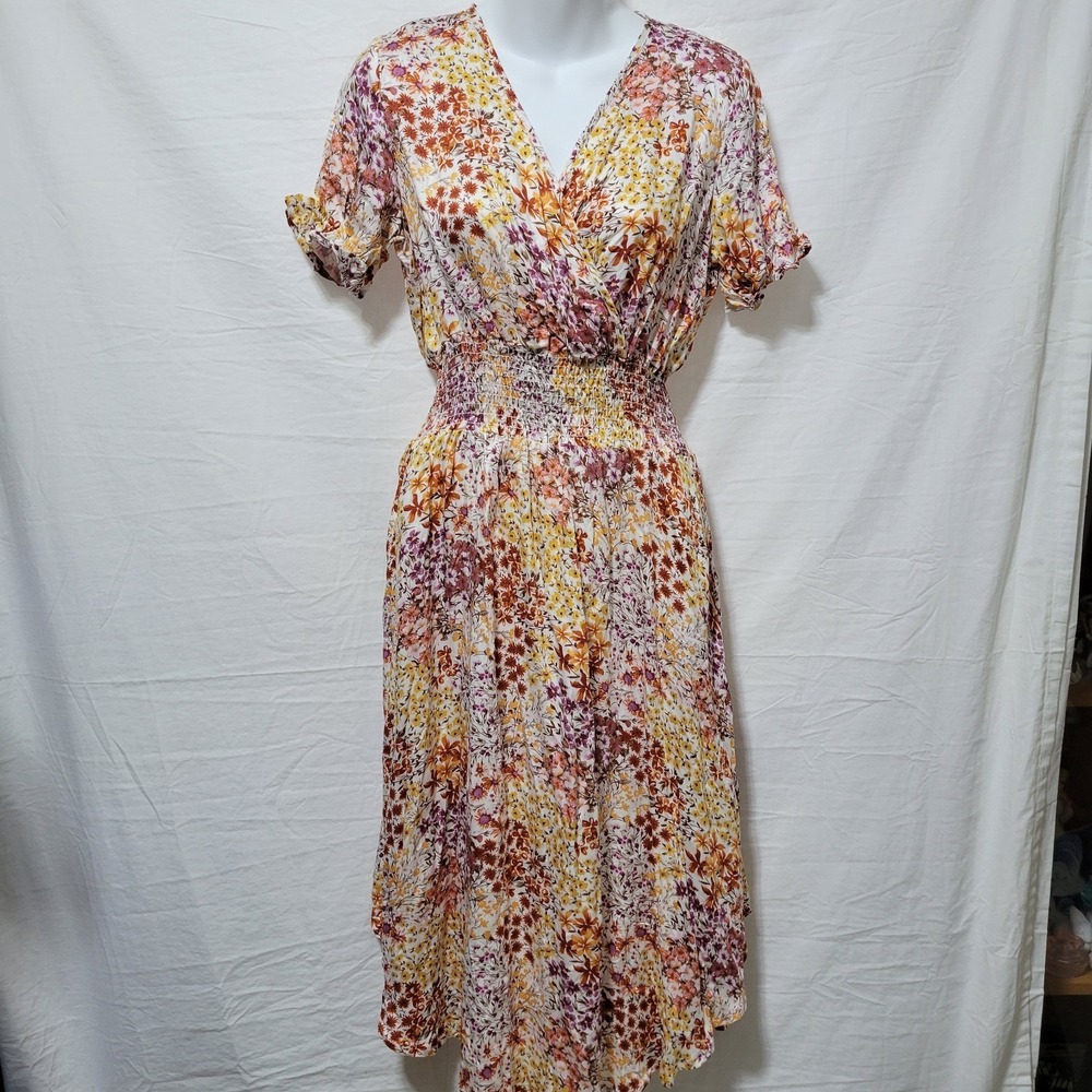 Sozy Tencel Hazel Midi Dress Floral Smocked Waist Short Sleeve Size Small